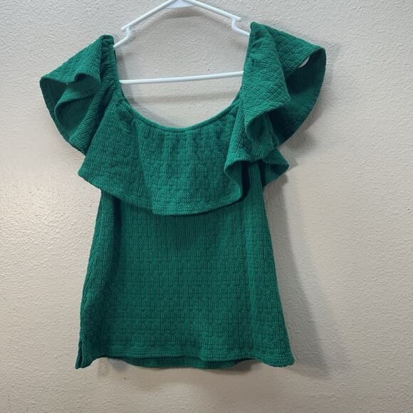 Anthropologie Kelly Green Textured Ruffle Off The Shoulder Top SZ XS Preppy Boho - Picture 7 of 7